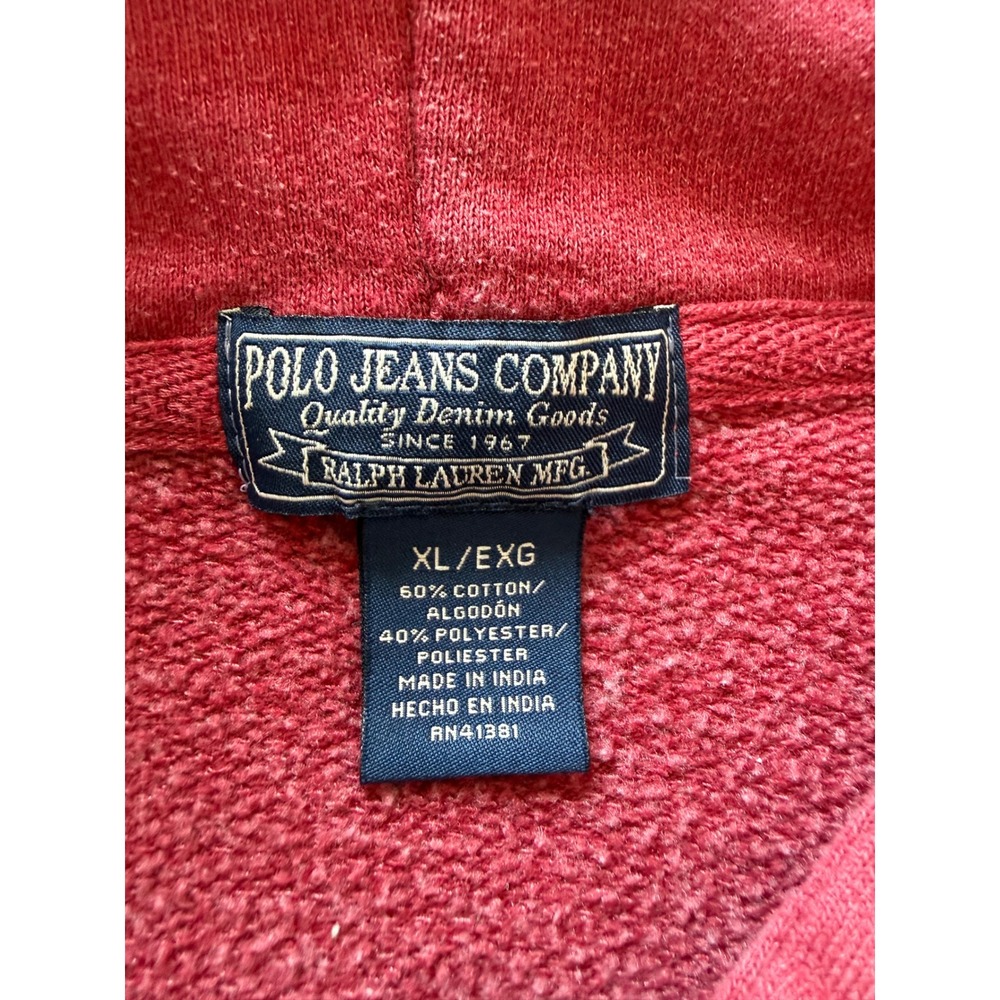 Polo Jeans Co Ralph Lauren Zip Hoodie Mens XL Red Cotton Blend Distressed Logo - Picture 8 of 10